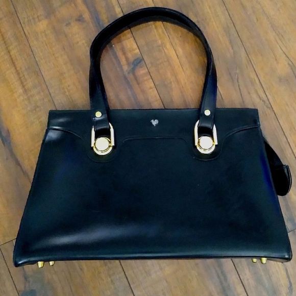 Vintage 50s Engler's Black Leather Satchel With Gold Hardware - Picture 2 of 7